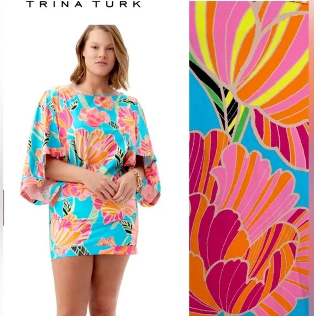 Trina Turk Poppy Cascading-Sleeve Tunic Cover Up Swim Beach Mini Dress L Large